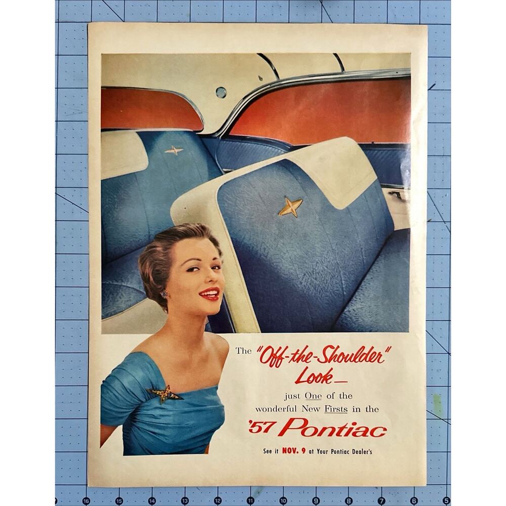 1956 Pontiac Dealer Car '57 Blue Off the Shoulder Look Vintage Print Ad